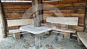 Witterungsschutz mit BÃ¤nke unWeather protection with benches and a wooden table, mobile photod einem Tisch aus Holz, mobile Foto