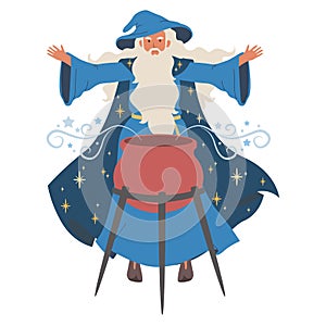 Wizard boils magic potion, icon isolated on white background. Vector illustration. Old magician with beard