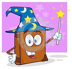 Wizard book cartoon character holding a magic wand