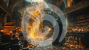 Wizard Casting Magic in an Ancient Library