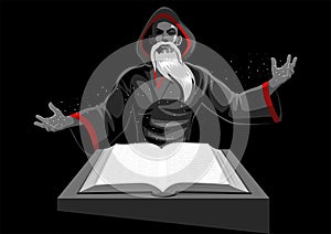 Wizard casts his magic by reading a spell book