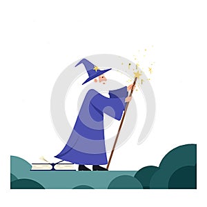 Wizard character casting magic spell in flat vector illustration
