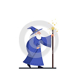 Wizard character casting a spell in flat vector art style