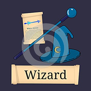 Template of Game Character, Class. Wizard Class. Attributes of wizard isolated on dark background. Select your class. Vector.