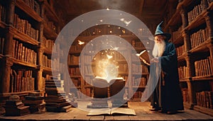 Wizard Conjuring Magic in Library photo