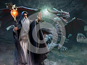 Wizard and dragon scene 3d illustration