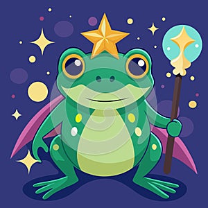 Wizard frog with magic wand. Cartoon vector illustration