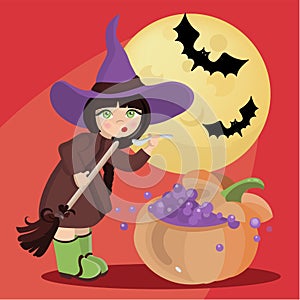 WIZARD GIRL Mystic Halloween Cartoon Vector Illustration Set