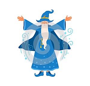 Wizard with gray haired beard raising hands pronounce magic spell vector flat illustration. Old sorcerer making