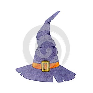 Wizard hat watercolor cartoon style illustration. Wizardry style element. Halloween decoration. Hand drawn traditional photo