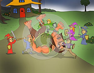 the wizard and the inhabitants defeat the giant cartoon illustration