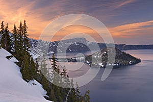 Wizard Island in Crater Lake in Oregon, USA at sunset