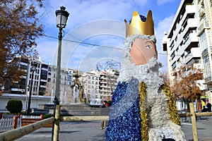 Wizard king doll made of tinsel placed in the Fountain of the Battles of Granada at Christmas. Melchor King photo