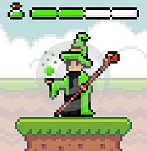 Wizard or mage, magician with staff, force line with poison, character at grass for pixel game