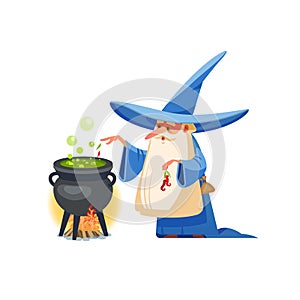 Wizard. Mysterious male magician in robe spelling oldster merlin vector cartoon characters. Sorcerer character in