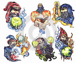 Wizard oldskool tattoo set. Set of labels and elements. Vector set illustration template tattoo.