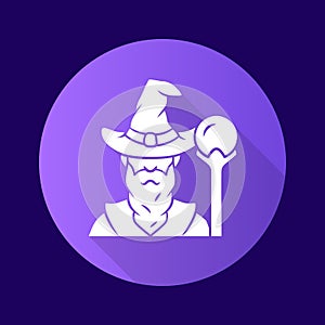 Wizard purple flat design long shadow glyph icon. Sorcerer, magician in hat. Old wise man, fantasy druid. Fairytale