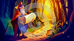 Wizard is reading scroll in the middle of path in forest. Generative AI