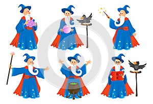 Wizard in robe spelling vector cartoon characters.