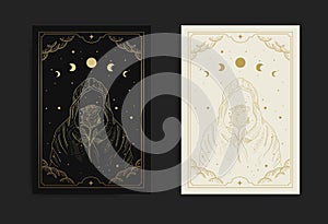 Wizard and rose in the night sky in engraving, luxurious, esoteric, boho style. Suitable for spiritualists, psychics, tarot,