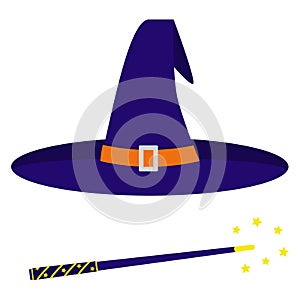 A wizard`s hat and a magic wand.