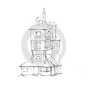 Wizard`s house Illustration, Hand drawn sketch, Isolated on white
