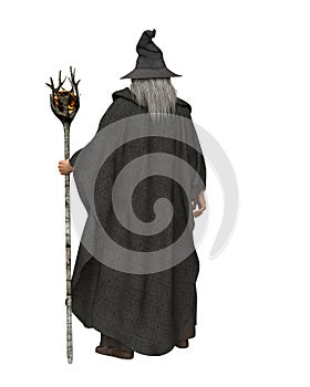 Wizard or sorceror with long grey hair, grey cloak, pointed hat and magic staff. Rear view 3D illustration isolated on white with