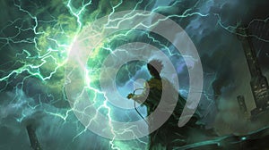 Wizard Summoning Lightning in Stormy Night photo