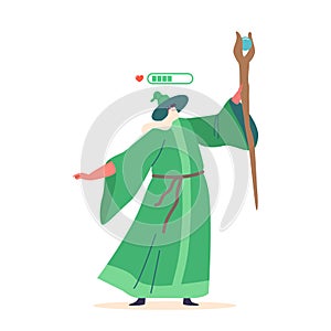 Wizard In Virtual Reality Massively Multiplayer Online Role-playing Game. Isolated Sorcerer Wear Green Robe And Hat