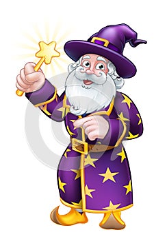 Wizard with Wand Pointing Cartoon Character