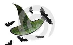 Wizard Witch hat decorated with flying bats and glowing spiderwebs and pointed tip. isolated