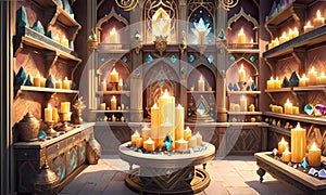 Wizardry crystal exhibit in a mystical artefact room. Amulets concept. Fairy tale background. Extra wide banner. AI