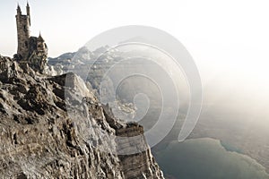 Wizards tower high above the mountains edge overlooking a lake. Fantasy concept 3d rendering illustration.