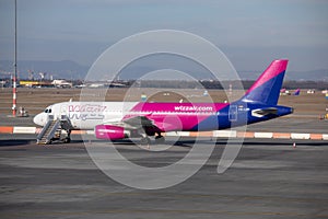 Wizz Air Airbus A320 HA-LWK Airplane at Budapest international airport. stock photo