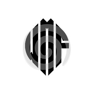 WMF circle letter logo design with circle and ellipse shape. WMF ellipse letters with typographic style. The three initials form a photo