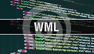 WML concept illustration using code for developing programs and app. WML website code with colourful tags in browser view on dark