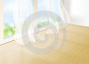 Wndow and curtain 3d illustration. Realistic interior of empty room, wooden floor. Background stage for product display