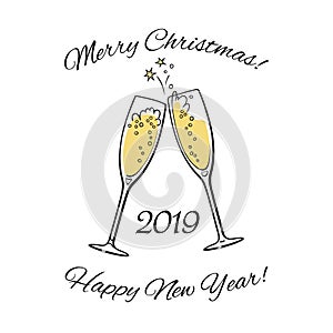 Wo sparkling glasses of champagne. 2019 Merry Christmas and Happy New Year text. Hand drawn vector illustration.