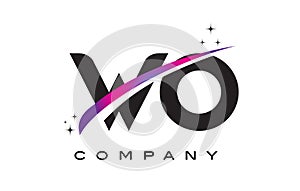 WO W O Black Letter Logo Design with Purple Magenta Swoosh
