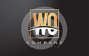 WO W O Golden Letter Logo Design with Gold Square and Swoosh.