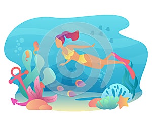 Woan snorkeling swims underwater with sea flora and fauna. Summer sport leisure. Female diving vector illustration.