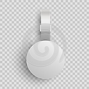 Wobbler mockup. White blank dangler. Supermarket plastic tag on shelf