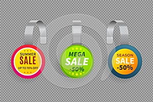 Wobbler sale. 3D template wobblers supermarket bended. Discount store plastic tags vector isolated mockup set