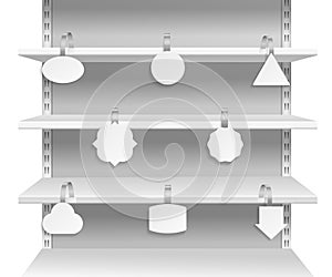 Wobbler shelves. Promotion advertising informing discount sale tags on supermarket shelf. Paper wobblers empty labels photo