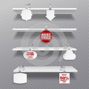 Wobbler shelves. Retail rack bibliotheque shelf box blank shelves with advertising priced hanging clear plastic sticker