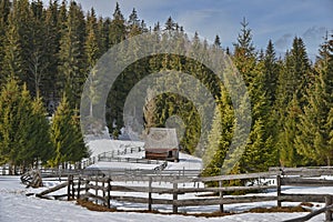 Wodden house in the Apuseni (western) mountains at the end of winter in Romania