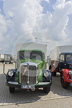 Woernitz, Germany - 25 August 2019: Two old truck classic cars. Car brand Mercedes Benz, oldtimer