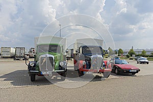 Woernitz, Germany - 25 August 2019: Two old truck classic cars. Car brand Mercedes Benz, oldtimer