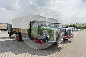 Woernitz, Germany - 25 August 2019: Two old truck classic cars. Car brand Mercedes Benz, oldtimer