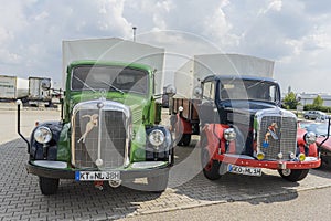 Woernitz, Germany - 25 August 2019: Two old truck classic cars. Car brand Mercedes Benz, oldtimer